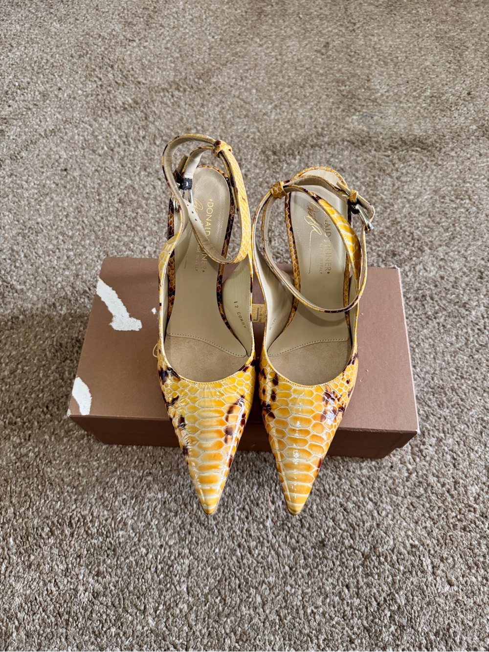 Donald J. Pliner Yellow Snake-Print Pointed Slingback Heels